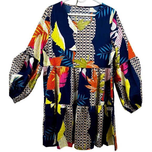 EUC Boho Tiered Babydoll Dress | Tropical Print & Geometric Design | Bold & Brig - Picture 1 of 6